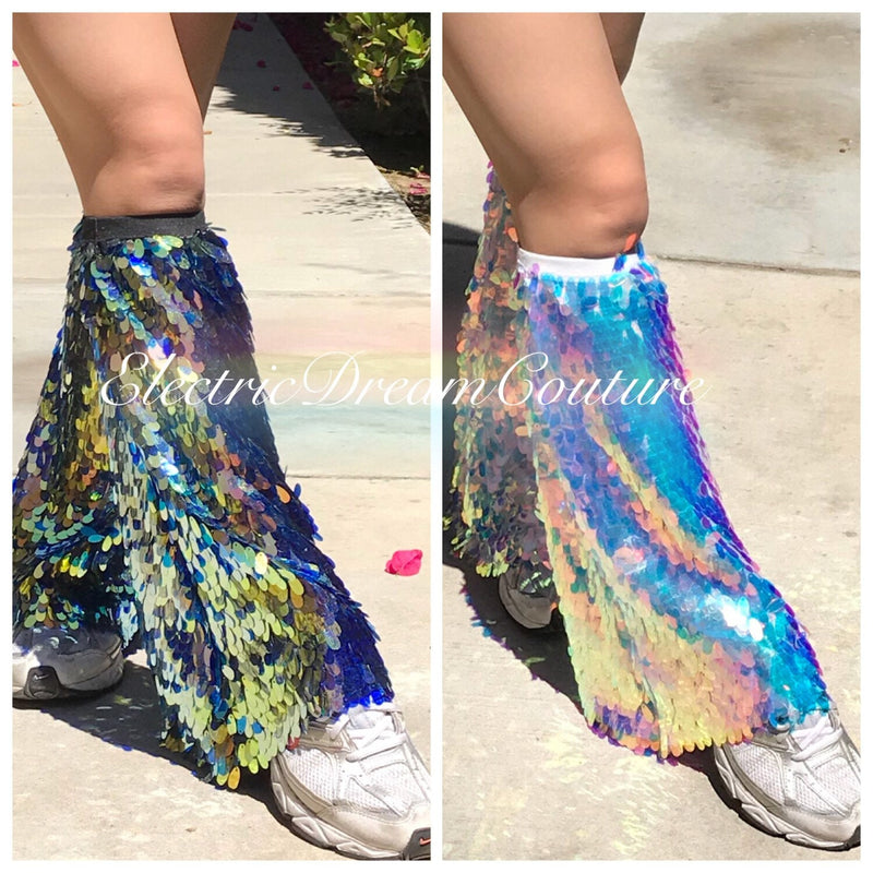 Irredentist Sequin Leg fluffy, Mermaid Leg fluffy, Unicorn Leg Fluffy, rave wear, leg wear