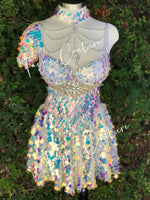 Iridescent White Unicorn outfit set with Choker, Rave wear, EDC, Music festival, Cosplay, Halloween costumes