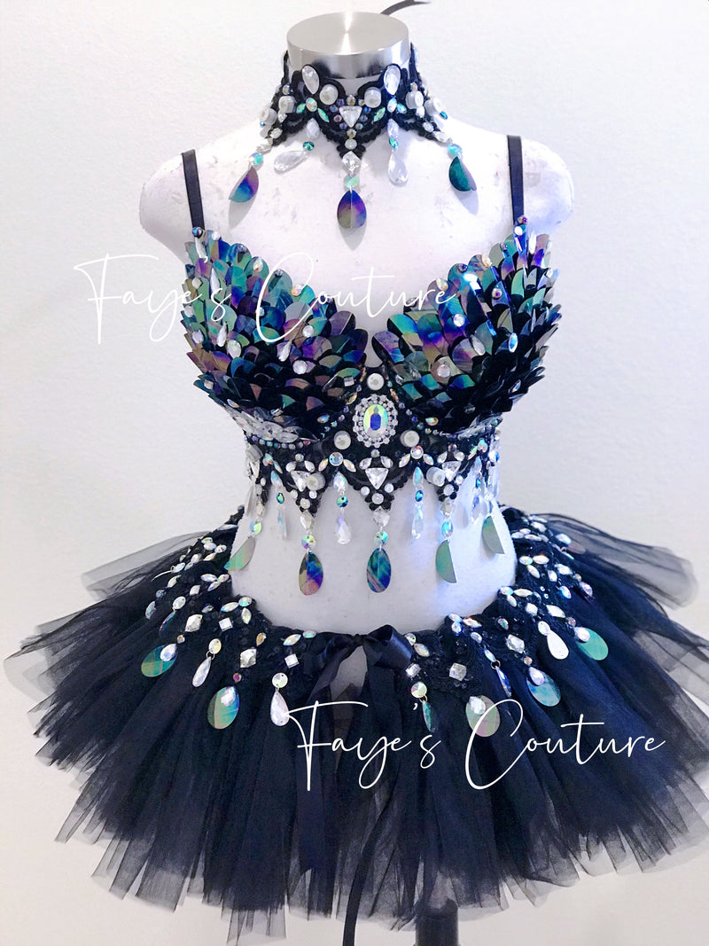 Iridescent Black Unicorn inspired bra with Choker, Rave wear, EDC, Music festival, Cosplay, Halloween costumes