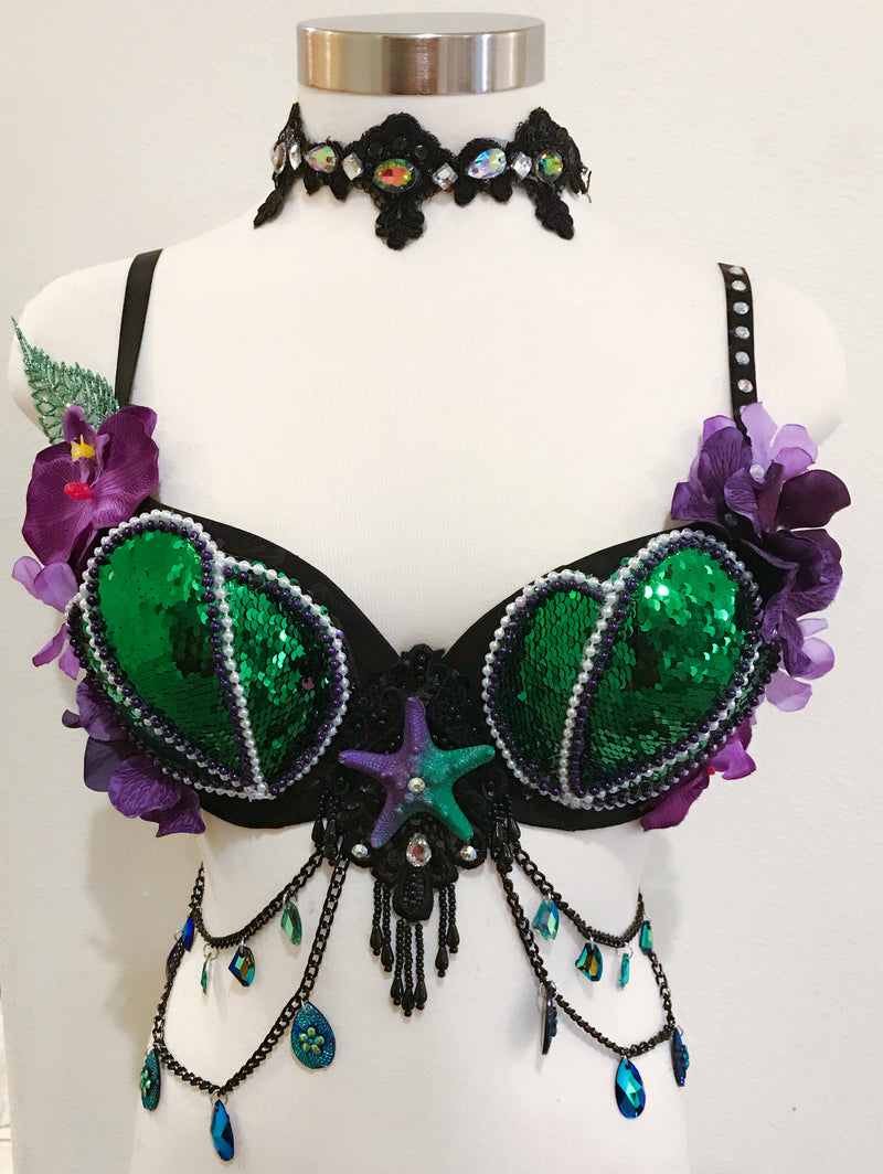 Black Mermaid Bra, Rave wear, EDC, Music festival, Cosplay, Halloween costumes