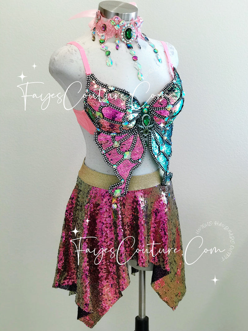 Magenta Sequin Butterfly inspired Outfit Set, Rave wear, EDC
