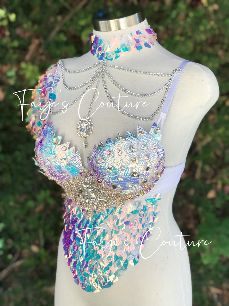 Iridescent White Unicorn Bra with Choker, rave EDC Music festival wear, Halloween costumes, Cosplay