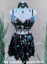 Iridescent Black Unicorn inspired outfit set with Choker, Rave wear, EDC, Music festival, Cosplay, Halloween costumes