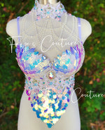 Iridescent White Unicorn Set with Choker and Pearl Strings, Rave wear, EDC, , Music festival, Cosplay, Halloween costumes