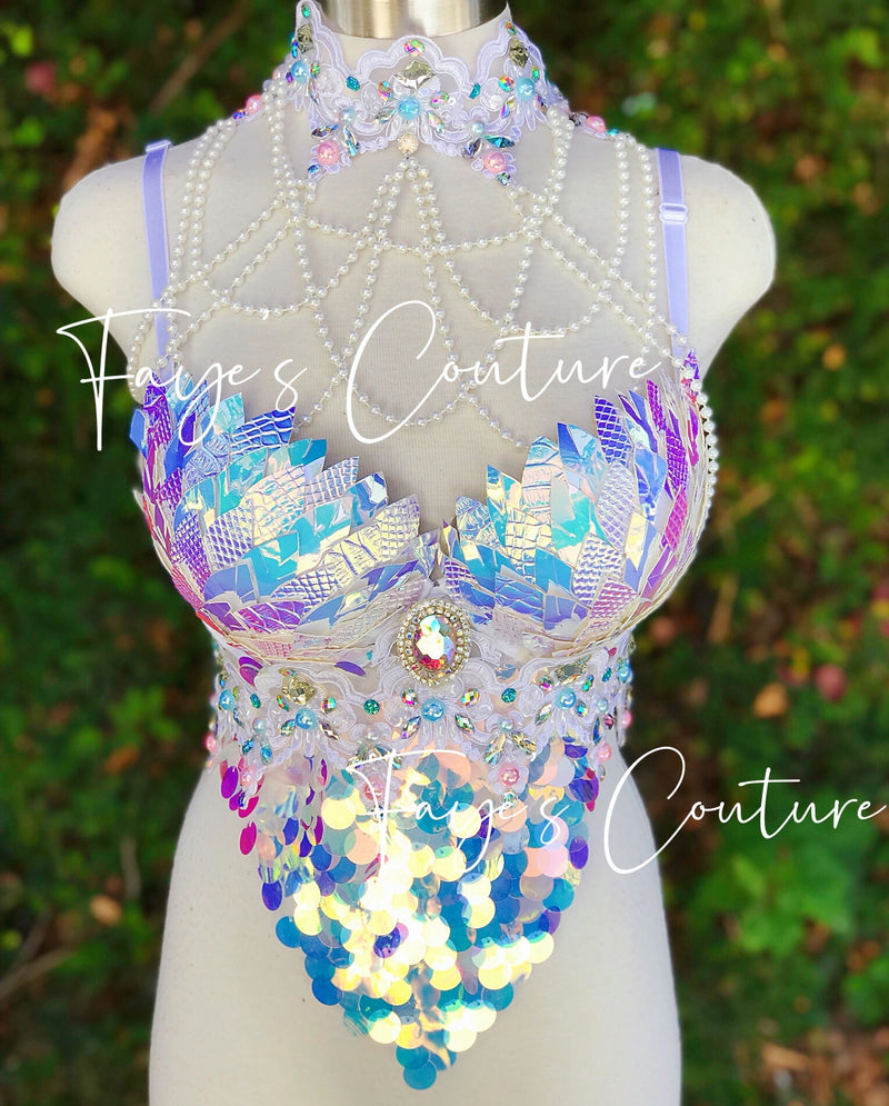 Iridescent White Unicorn Set with Choker and Pearl Strings, Rave wear, EDC, , Music festival, Cosplay, Halloween costumes