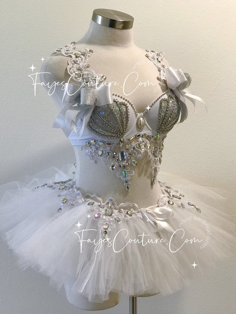 Mermaid in white inspired outfits set, Rave wear, EDC, Music festival, Cosplay, Halloween costumes