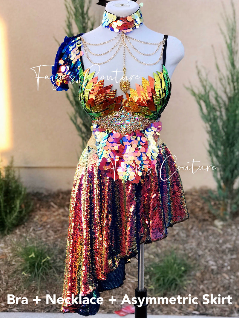 Iridescent Orange Unicorn outfit set with Choker, Rave wear, EDC, Music festival, Cosplay, Halloween costumes