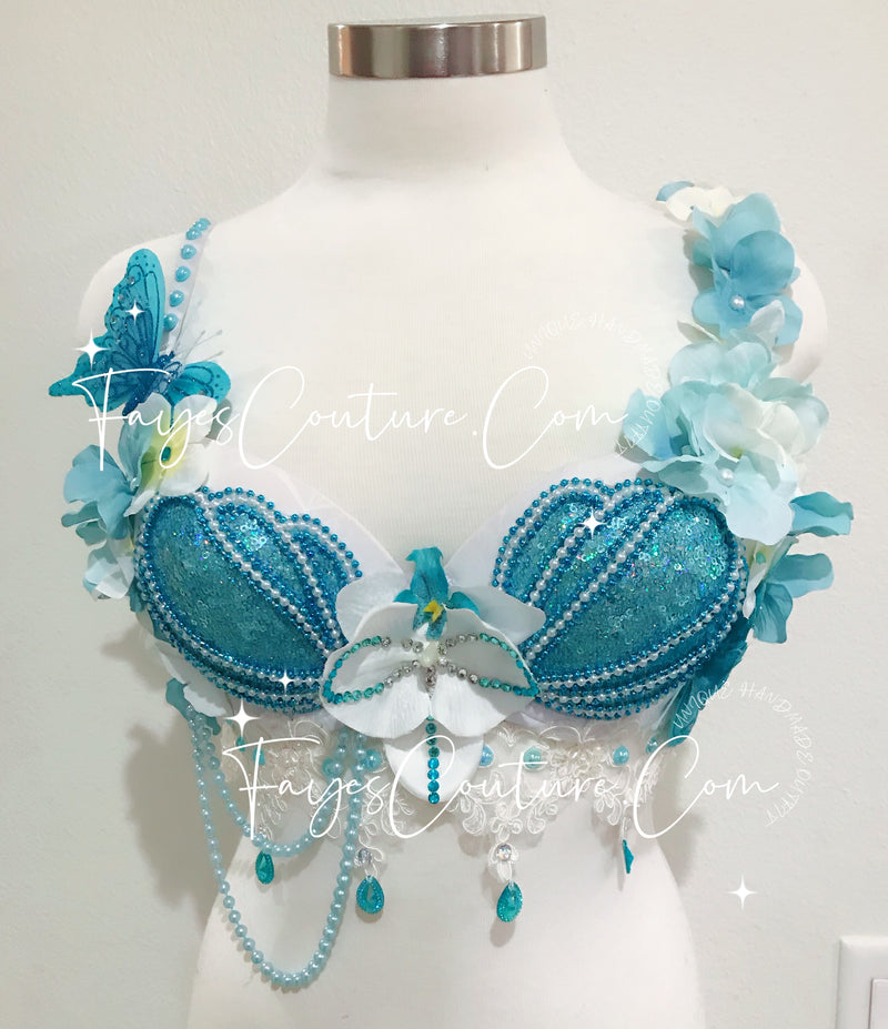 Mermaid In white and blue Bra, Rave wear, EDC, Music festival, Cosplay, Halloween costumes