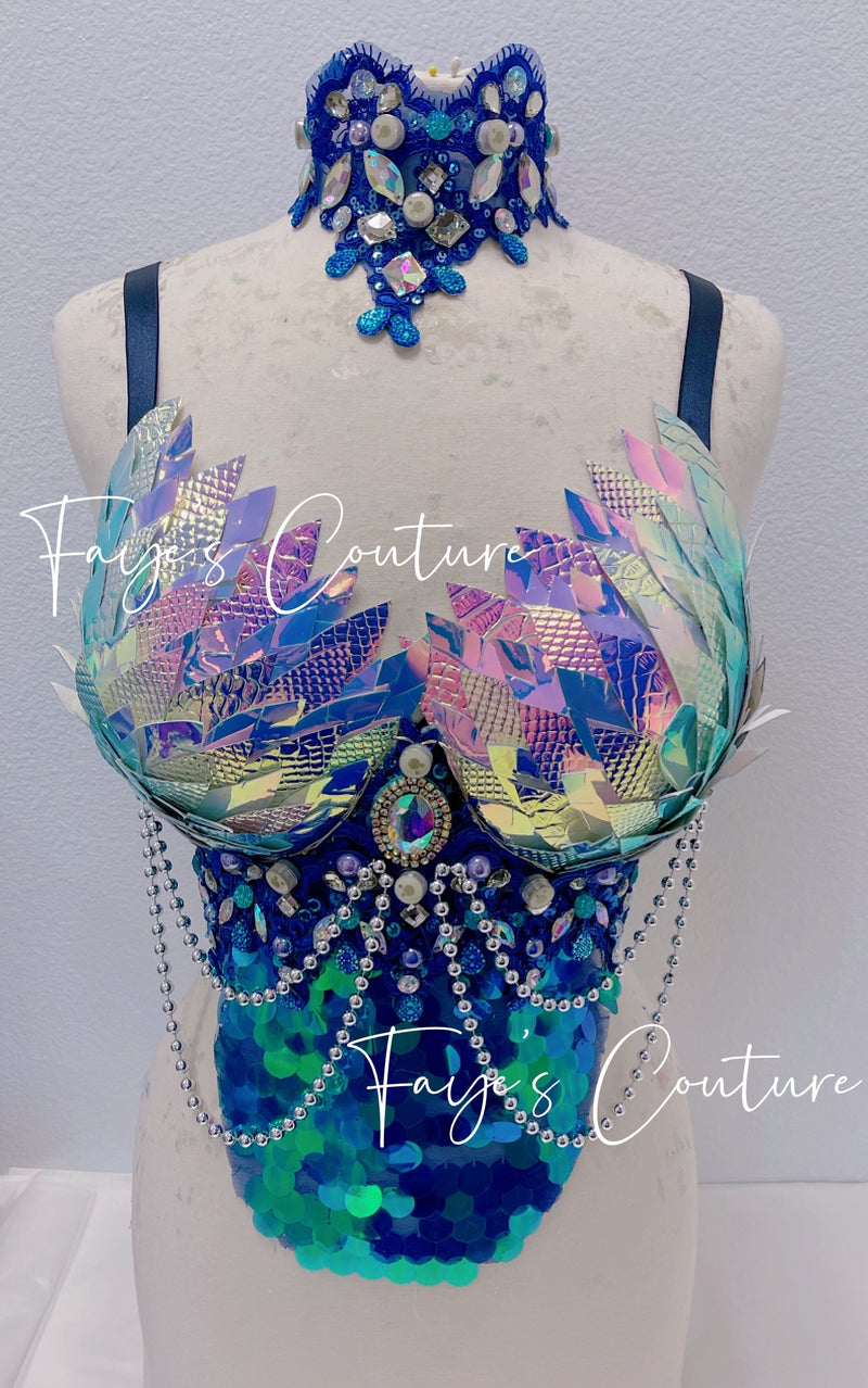 Iridescent Navy Unicorn Bra with Choker, Rave wear, EDC, Music festival, Cosplay, Halloween costumes