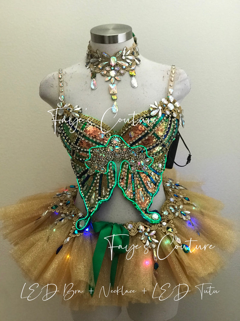 Gold Sequin Butterfly inspired Outfit Set, Rave wear, EDC, Music festival, Cosplay, Halloween costumes