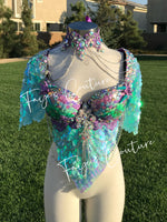 Mermaid Iridescent unicorn inspired Bra with Choker, rave EDC Music festival wear, Halloween costumes, Cosplay