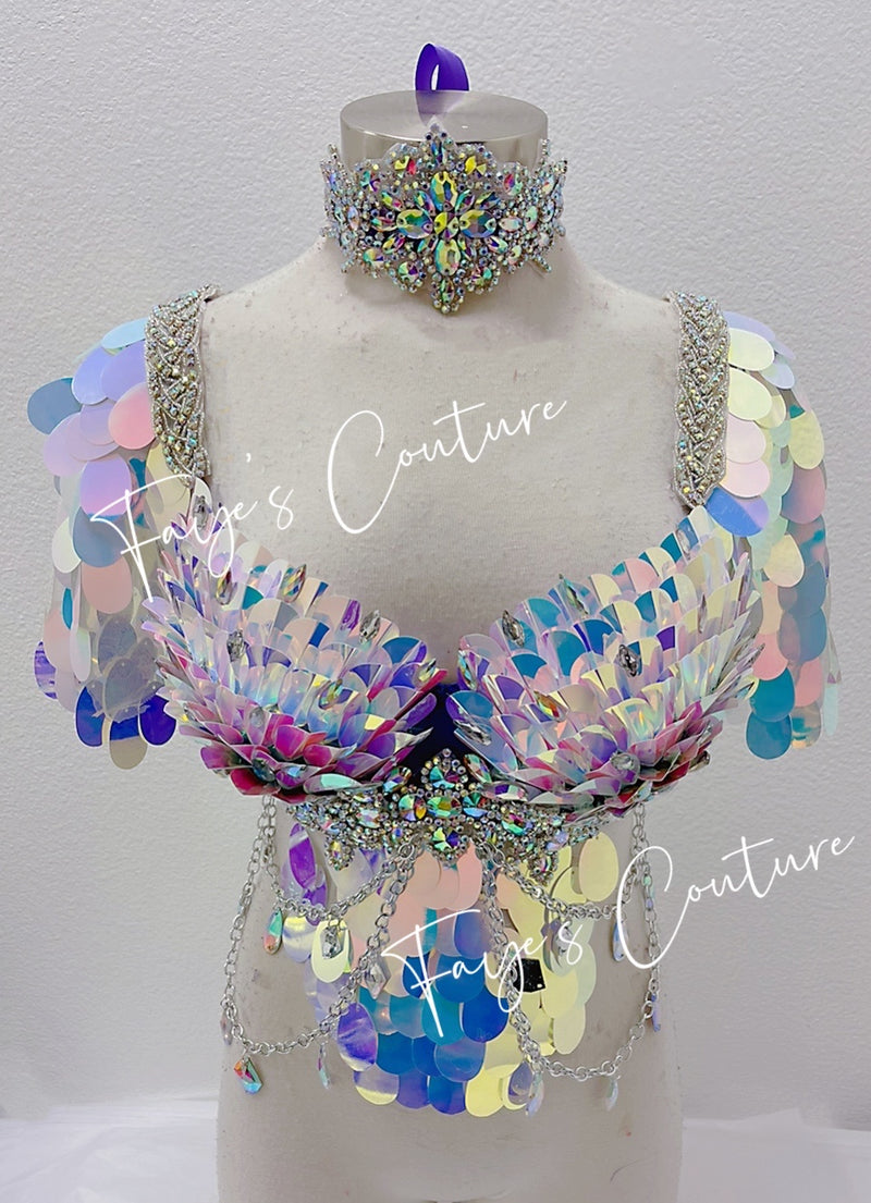 Iridescent white unicorn inspired Bra with Choker, Rave wear, EDC, Music festival, Cosplay, Halloween costumes