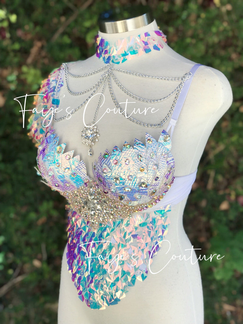 Iridescent White Unicorn outfit set with Choker, Rave wear, EDC, Music festival, Cosplay, Halloween costumes