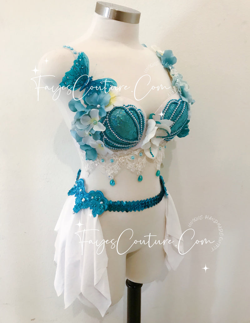 Mermaid In white and blue Bra, Rave wear, EDC, Music festival, Cosplay, Halloween costumes