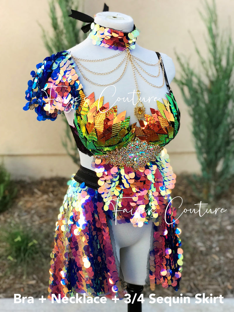 Iridescent Orange Unicorn outfit set with Choker, Rave wear, EDC, Music festival, Cosplay, Halloween costumes