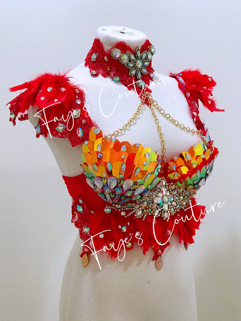 Phoenix inspired Bra with Choker, rave, EDC, Music festival wear, Halloween costumes, Cosplay