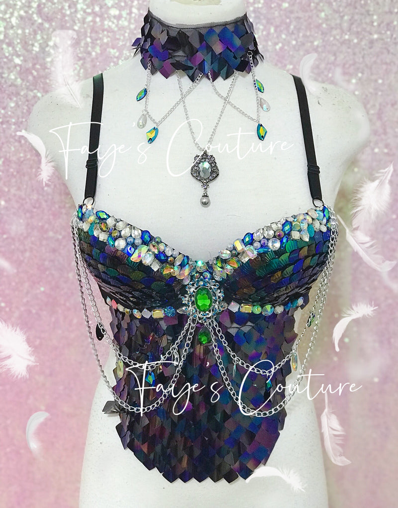 Iridescent Black Unicorn Bra with Choker, Rave wear, EDC, Music festival, Cosplay, Halloween costumes