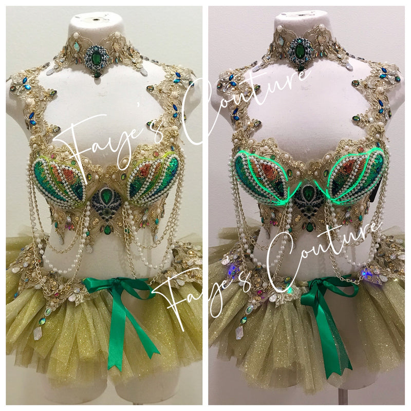 Mermaid in gold inspired outfit Set, Rave wear, EDC, Music festival, Cosplay, Halloween costumes