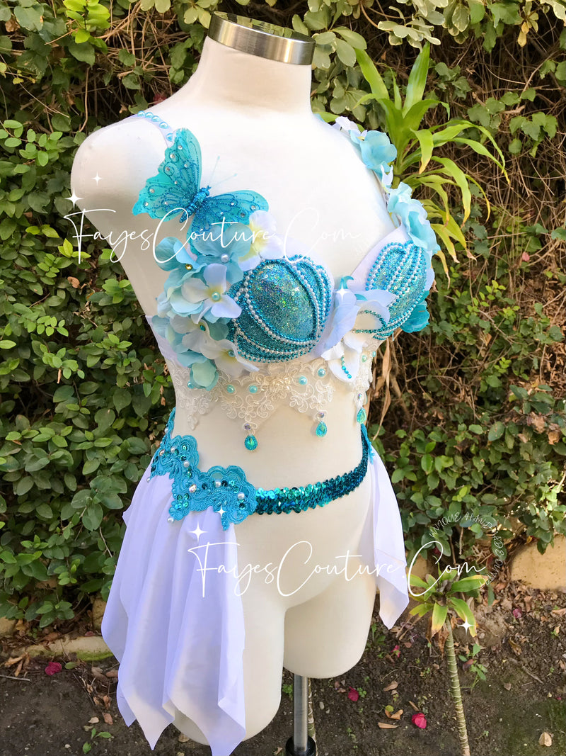 Iridescent White Scale Mermaid Plunge Style 1 Dance Costume Rave